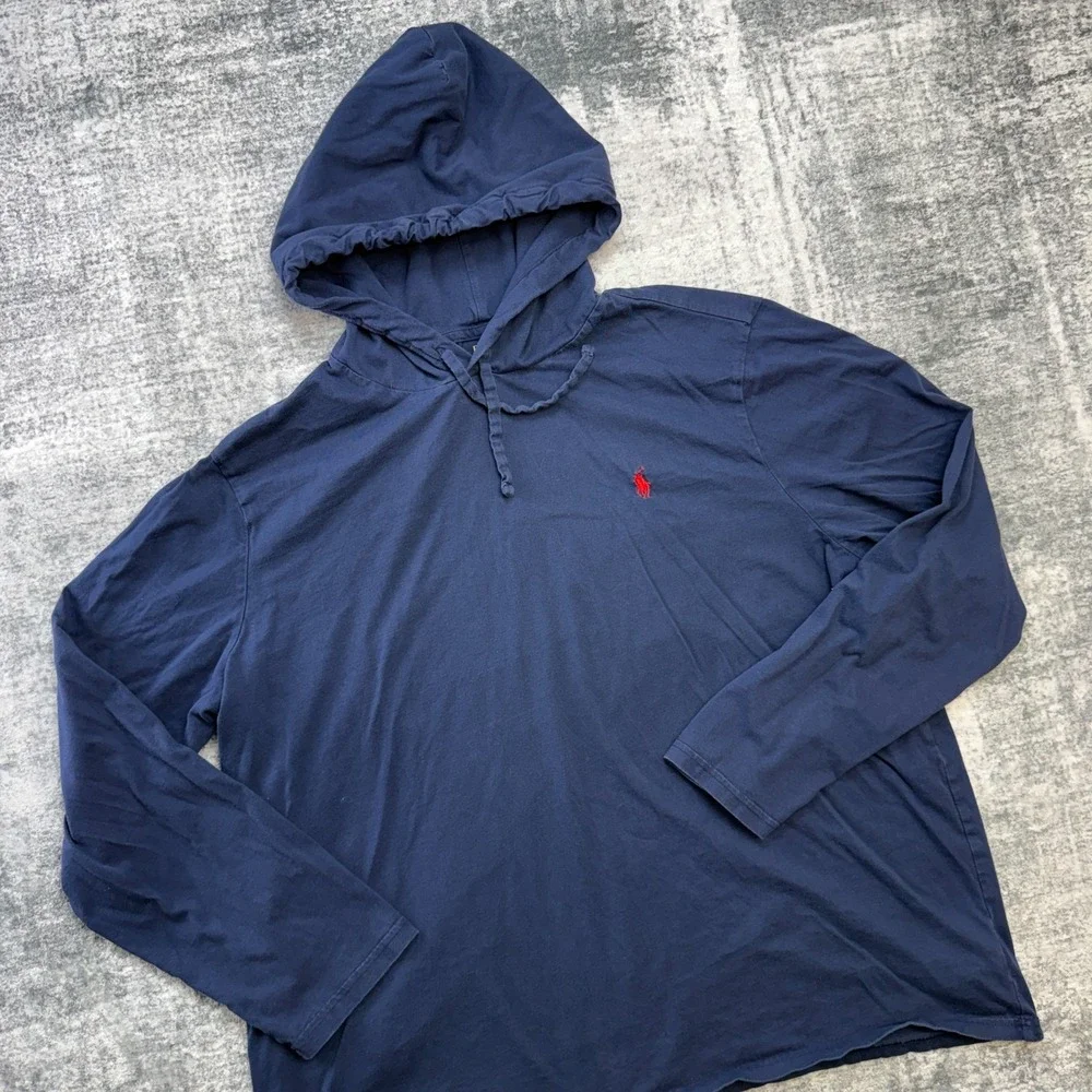 Polo Ralph Lauren Hoodie T-Shirt Mens XL Navy Blue Lightweight Cotton Pony - Picture 1 of 12